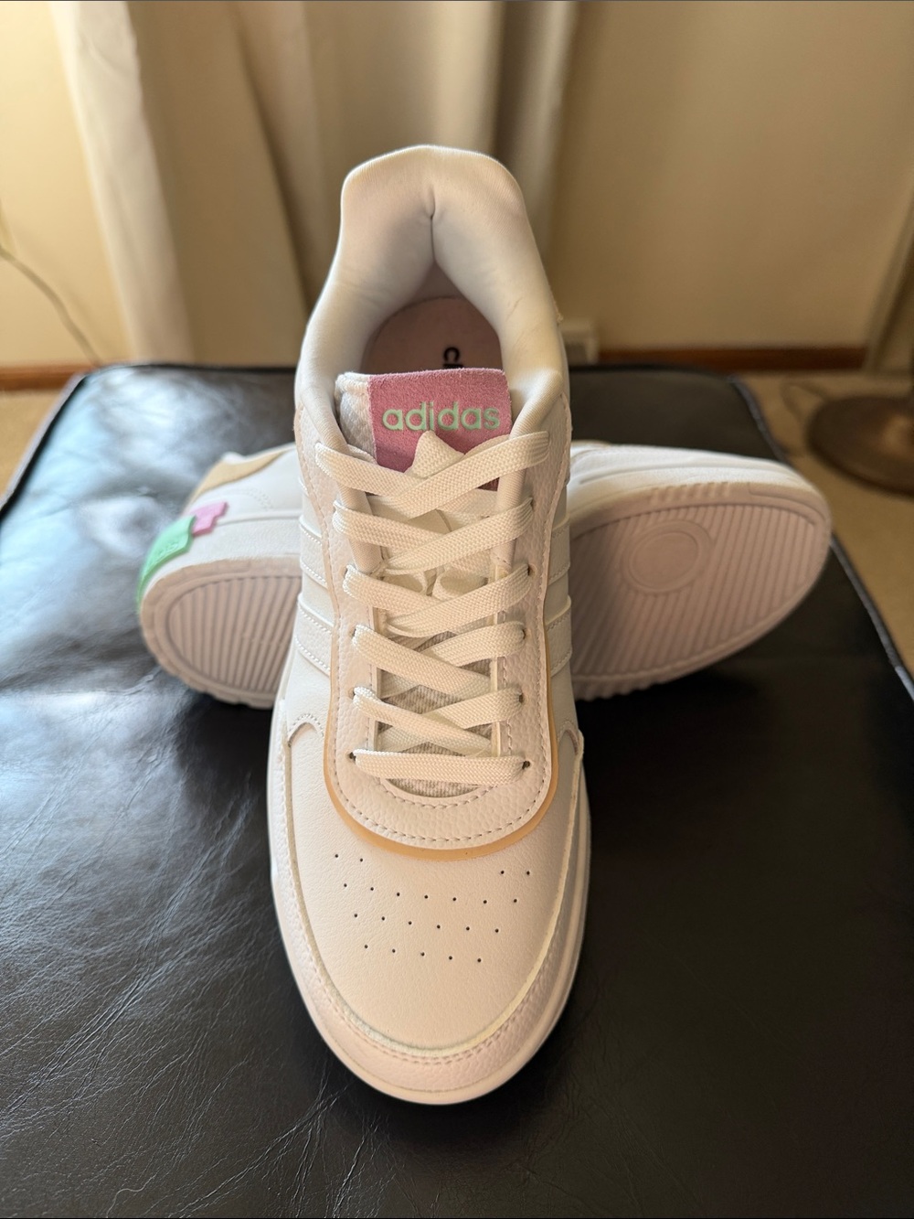 adidas Women’s White Sneakers with Lavender & Mint Heel Accents